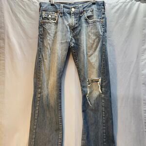 Vintage Y2K True Religion Mens Straight Leg Jeans‎ Sz 34 Distressed Blue Denim